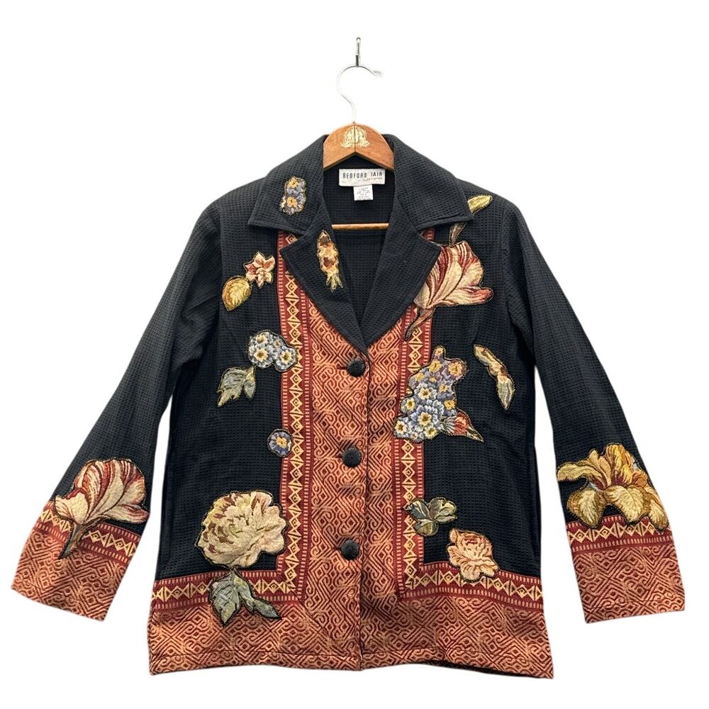 Bedford Fair Vintage Quilted Embroidered Floral Black Blazer Jacket Women XS